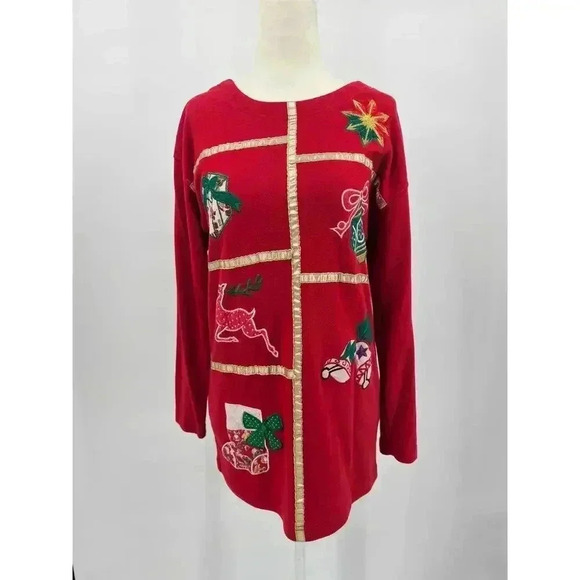 Chrysantheme Tops - Chrysantheme Women's S Red Christmas Ornament Holiday Long Sleeve Shirt
